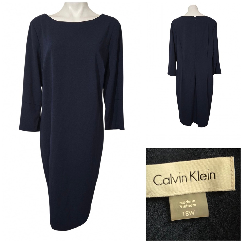Calvin Klein Navy Blue Boat Neck Sheath Dress 18W 3/4 Sleeve Stretch